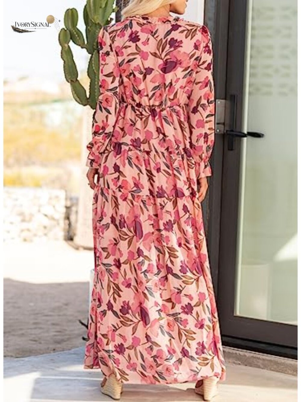Womens Boho Floral Deep V Neck Long Sleeve Maxi Dress Beach Wedding - Picture 3 of 6